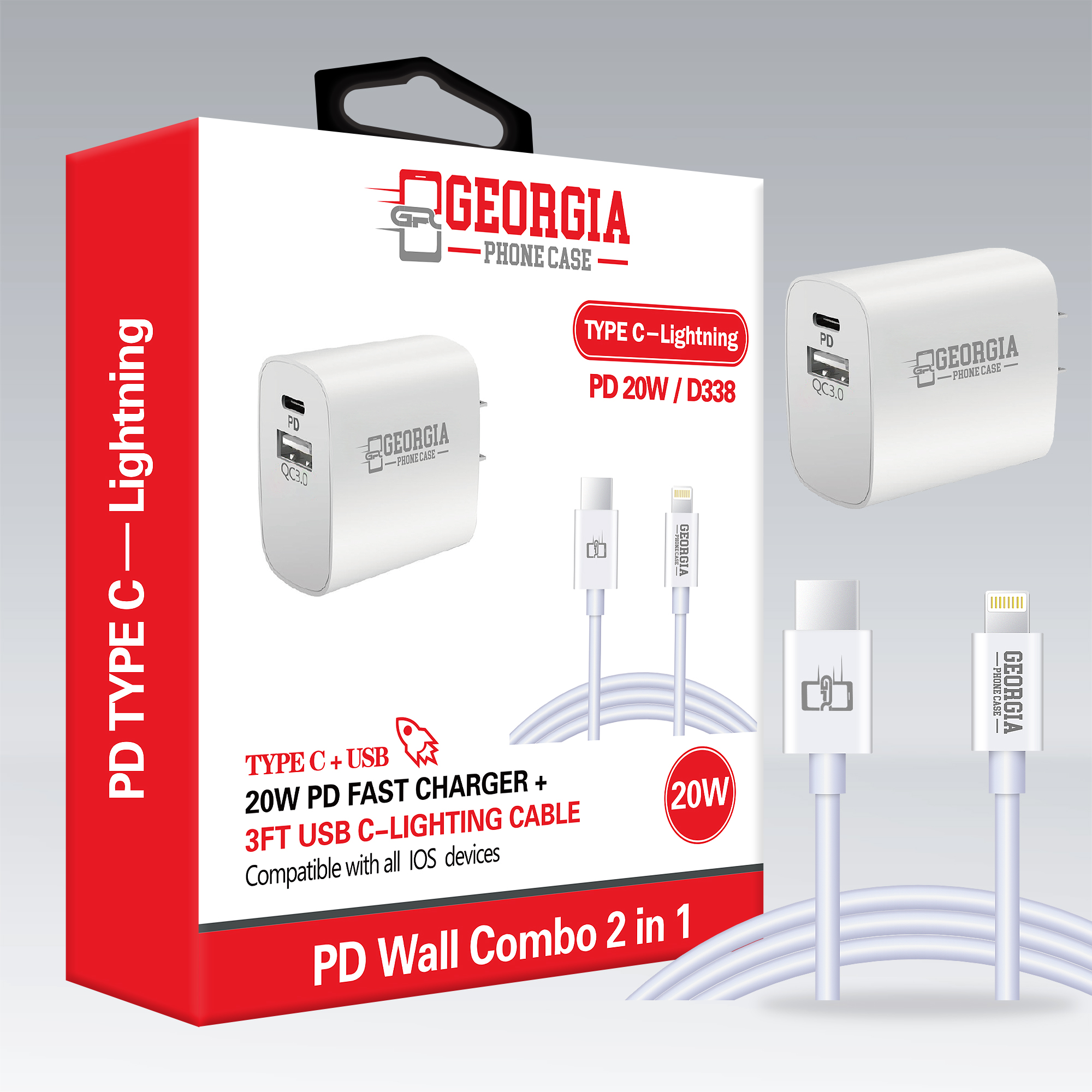 D338 – 2 in 1 20W TYPE C & USB, 3FT Lightning to TYPE C Cable 20W for…